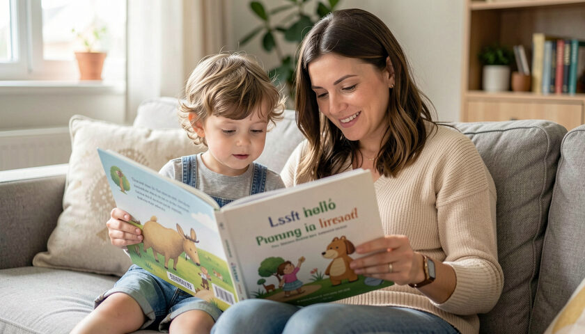 A mother and a young child reading a bilingual picture book together on a living room sofa.