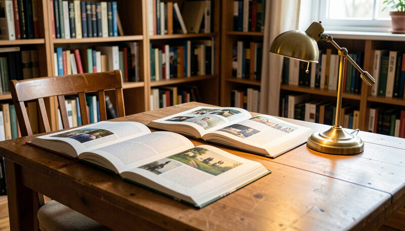 A wooden table covered with open picture books in two languages beside a small reading lamp.