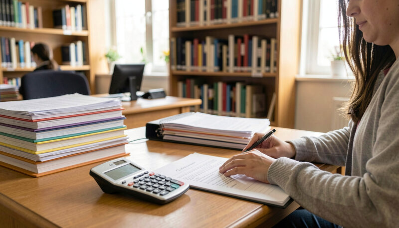 A librarian writing a grant application at a desk with a calculator and folders of paper.