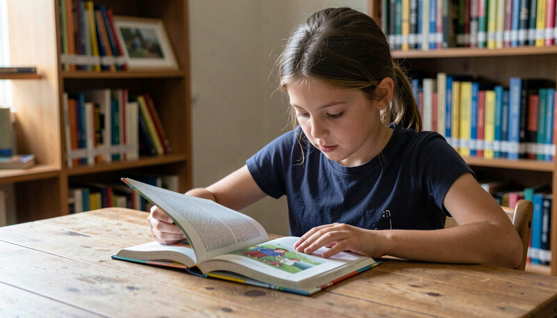 A girl aged about ten reading a chapter book at a table with library shelves behind her.