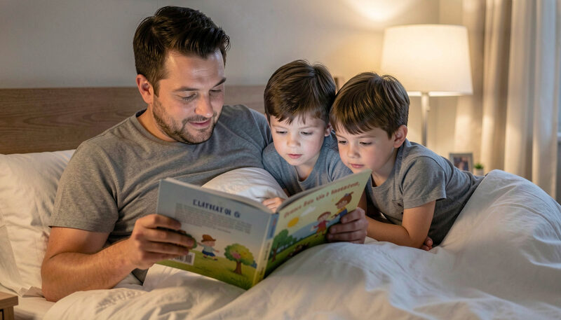 A father reading a picture book aloud to two children leaning on him on a bed at night.