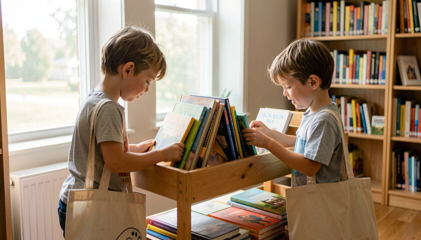 Two children choosing books from a wooden library cart in bright summer window light.