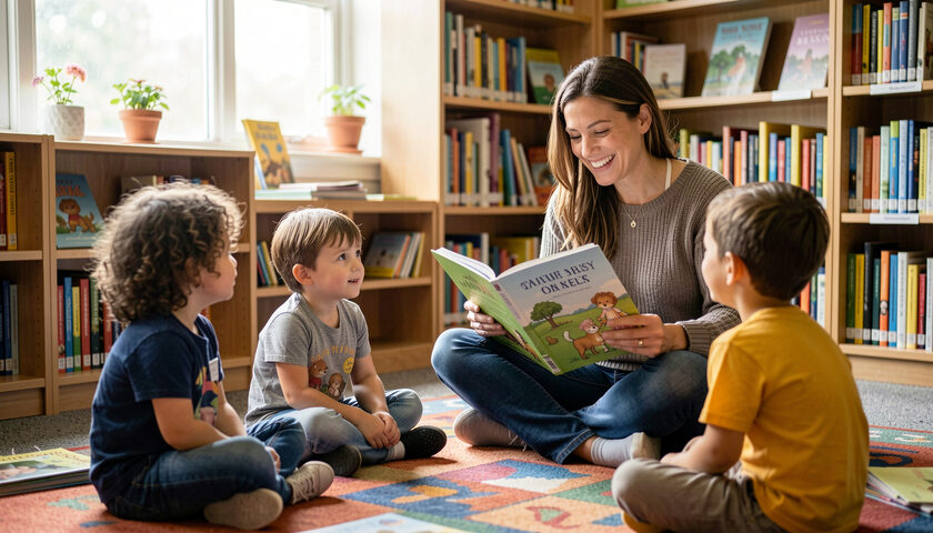 Children sitting cross legged on a carpet listening to a librarian holding an open picture book.